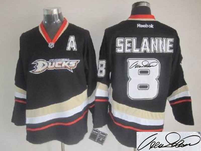 Ducks 8 Selanne Black Signature Edition Jerseys