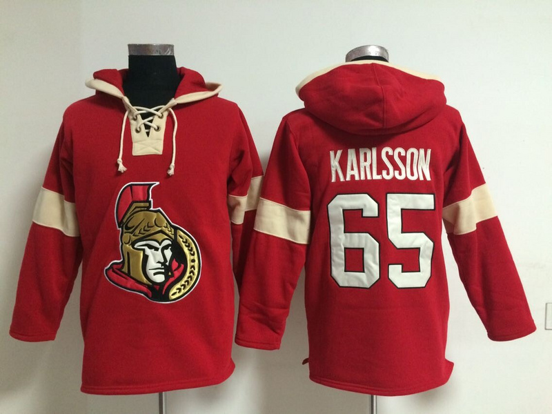 Senators 65 Eric Karlsson Red All Stitched Hooded Sweatshirt