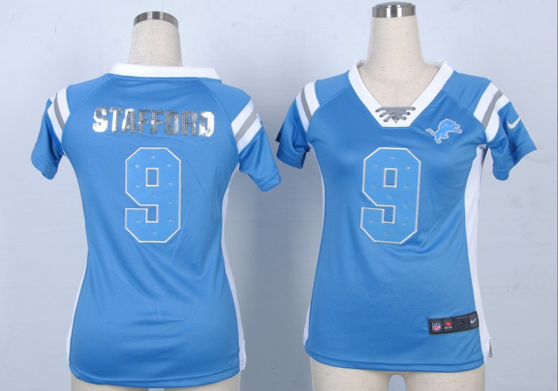 Nike Lions 9 Stafford Blue Sequin Lettering Women Jerseys