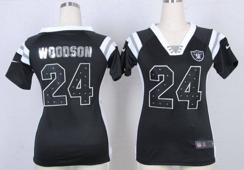 Nike Raiders 24 Woodson Black Sequin Lettering Women Jerseys