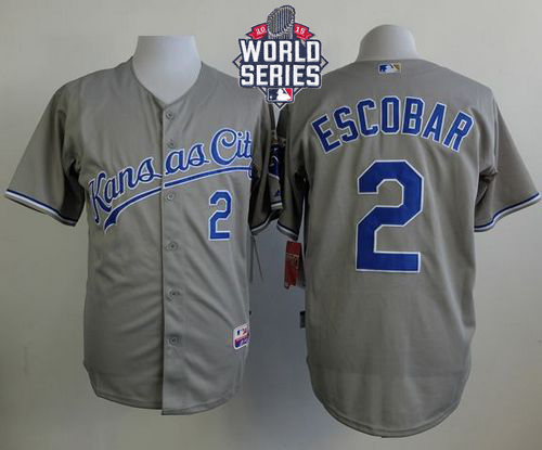Royals 2 Alcides Escobar Grey With 2015 World Series Cool Base Jersey