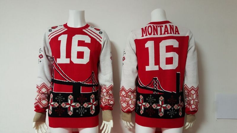 49ers 16 Joe Montana Red Men's Ugly Sweater