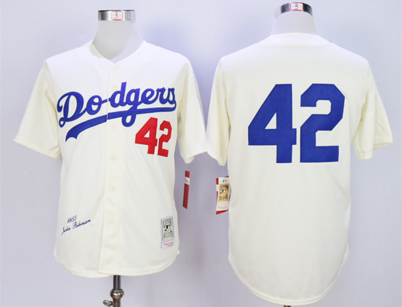 Dodgers 42 Jackie Robinson Cream 1955 Throwback Jersey