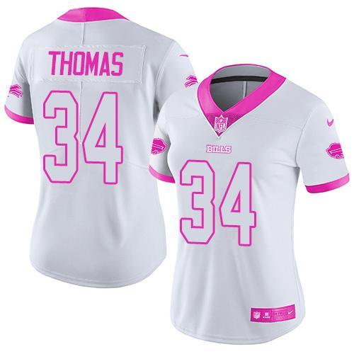Nike Bills 34 Thurman Thomas White Women Limited Fashion Pink Jersey