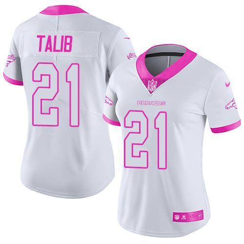 Nike Broncos 21 Aqib Talib White Women Limited Fashion Pink Jersey