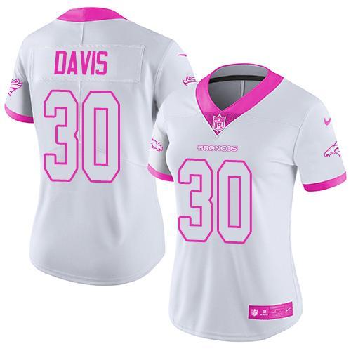 Nike Broncos 30 Terrell Davis White Women Limited Fashion Pink Jersey
