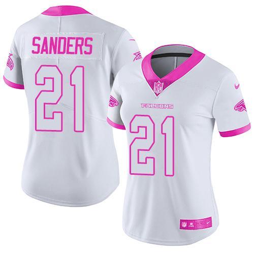 Nike Falcons 21 Deion Sanders White Women Limited Fashion Pink Jersey