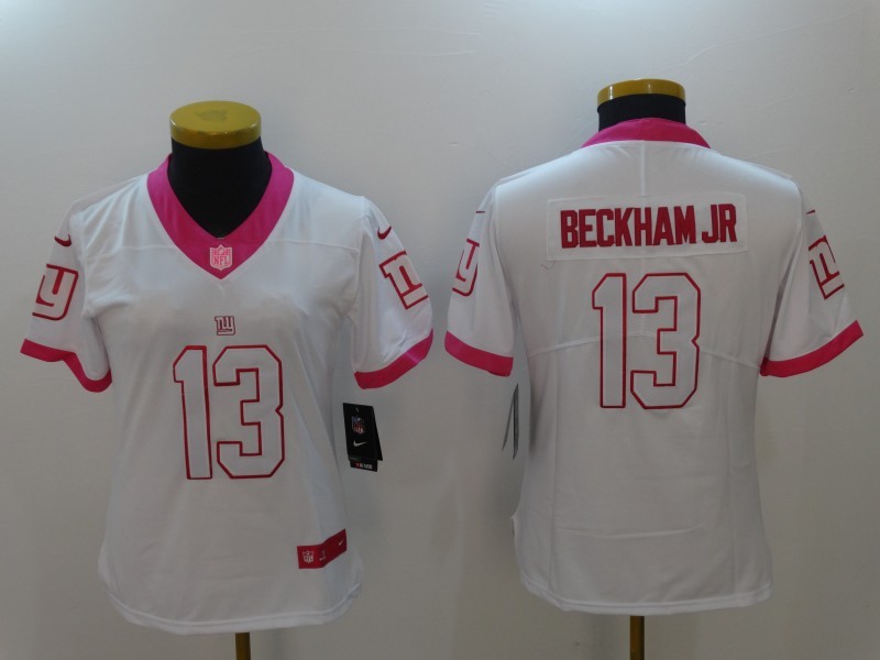 Nike Giants 13 Odell Beckham Jr White Women Pink Fashion Limited Jersey