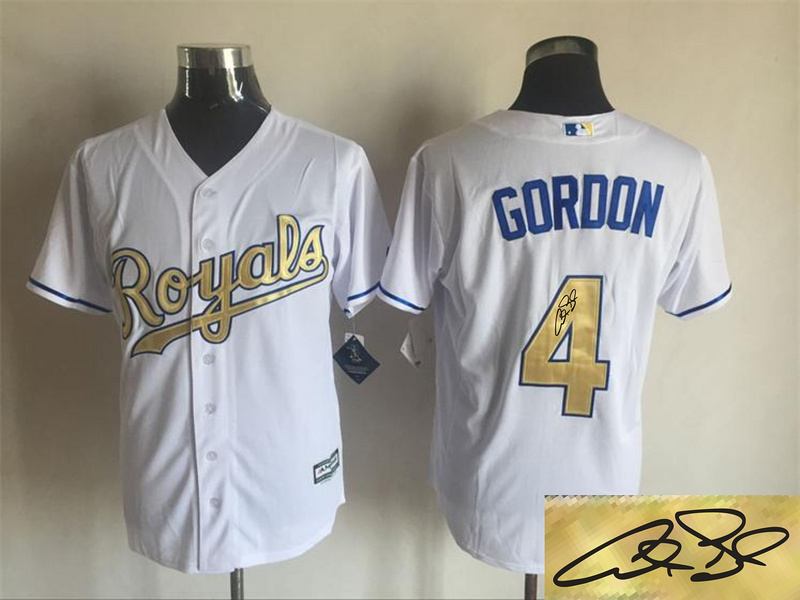 Royals 4 Alex Gordon White 2015 World Series Champions Signature Edition New Cool Base Jersey