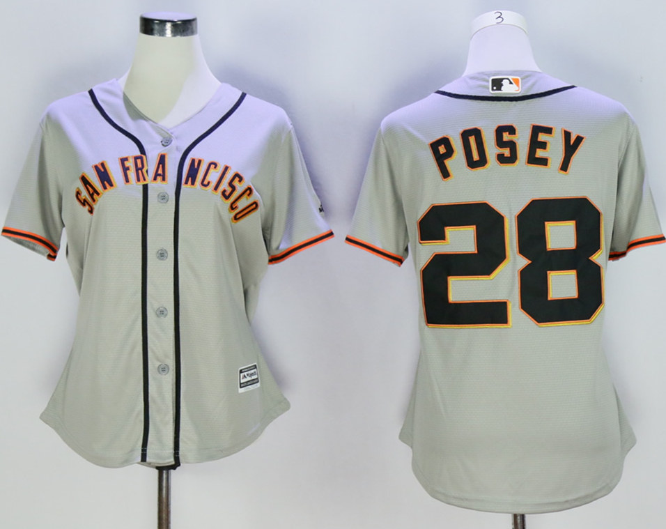 Giants 28 Buster Posey Grey Women New Cool Base Jersey