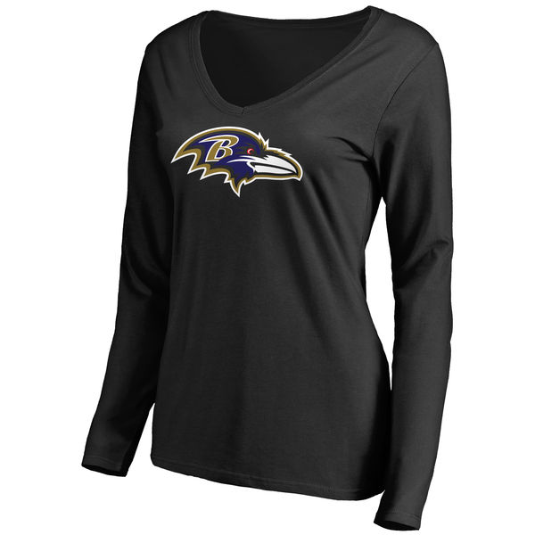 Baltimore Ravens Black Primary Team Logo Slim Fit V Neck Long Sleeve Women's T-Shirt