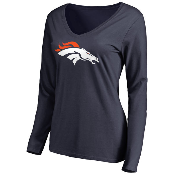 Denver Broncos Navy Primary Team Logo Slim Fit V Neck Long Sleeve Women's T-Shirt