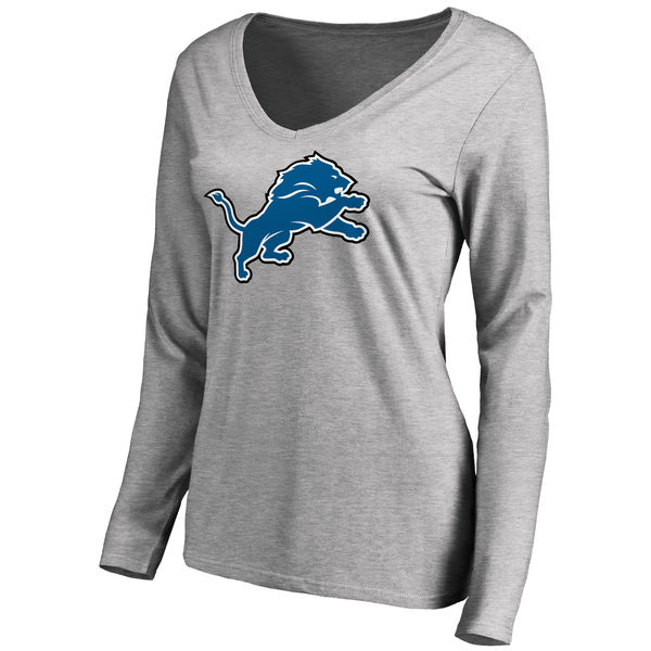 Detroits Lions Ash Primary Team Logo Slim Fit V Neck Long Sleeve Women's T-Shirt