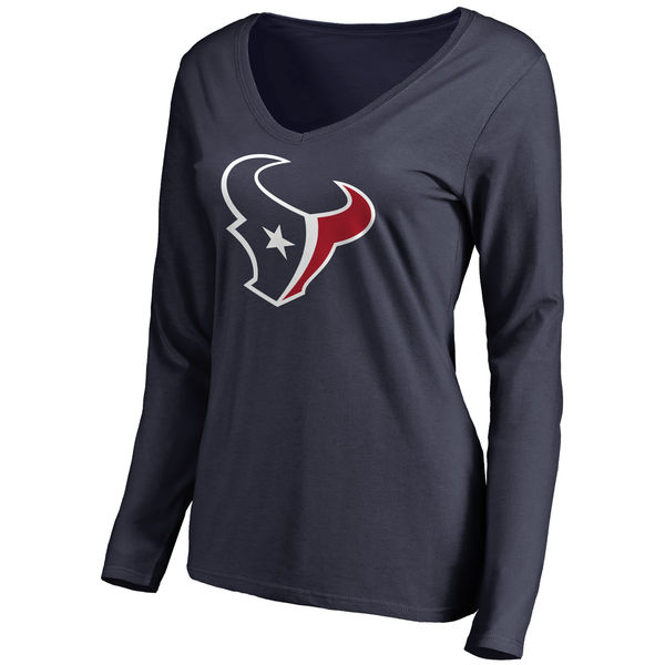 Houston Texans Navy Primary Team Logo Slim Fit V Neck Long Sleeve Women's T-Shirt