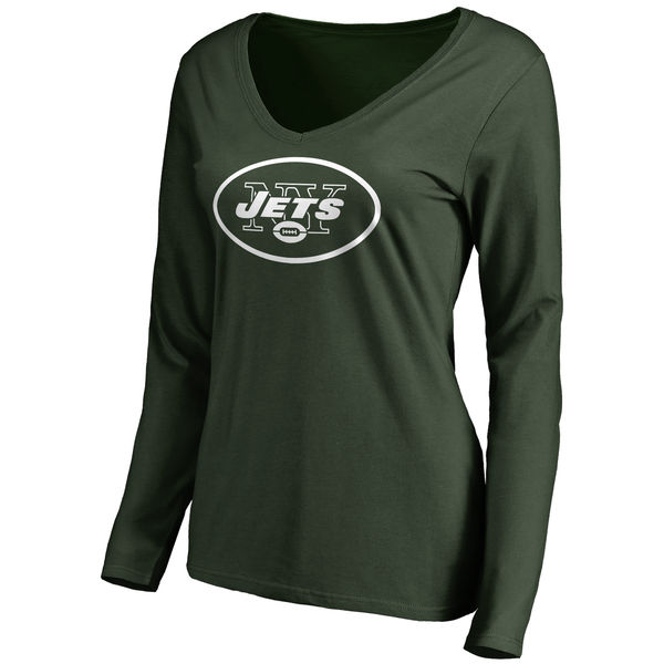 New York Jets Green Primary Team Logo Slim Fit V Neck Long Sleeve Women's T-Shirt