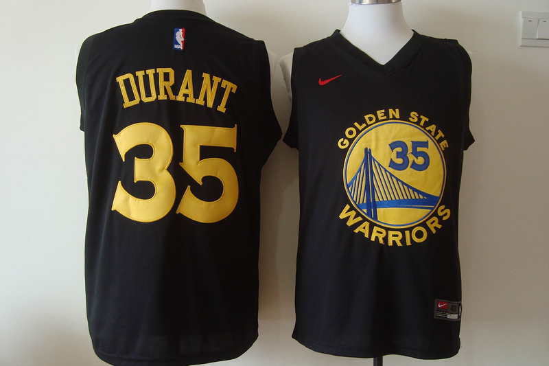 Warriors 35 Kevin Durant Black Gold Lettering Nike Jersey