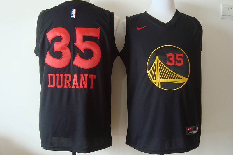 Warriors 35 Kevin Durant Black Red Lettering Nike Jersey