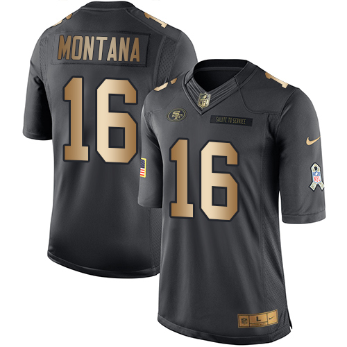 Nike 49ers 16 Joe Montana Anthracite Gold Salute to Service Limited Jersey