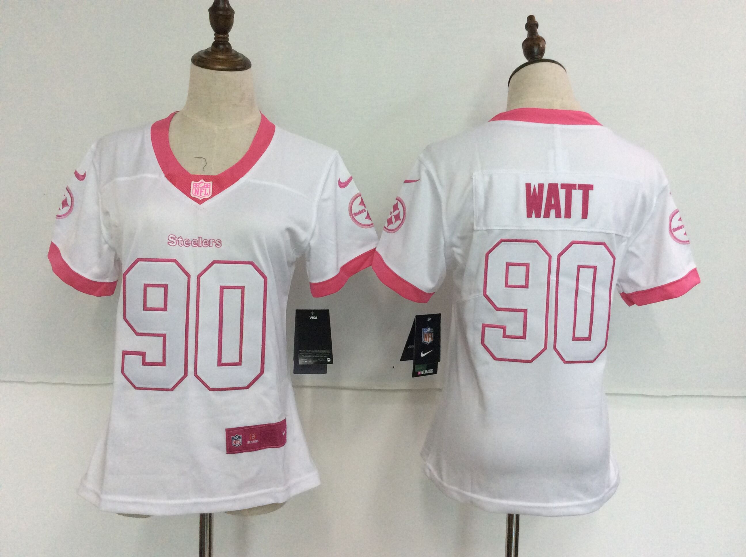 Nike Steelers 90 T.J. Watt White Pink Women Vapor Untouchable Player Limited Jersey