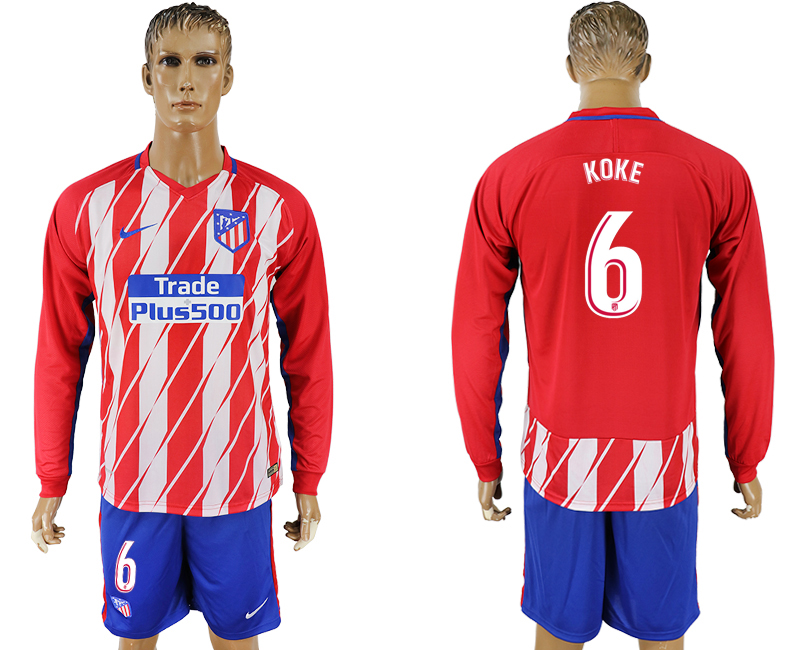 2017-18 Atletico Madrid 6 KOKE Home Long Sleeve Soccer Jersey