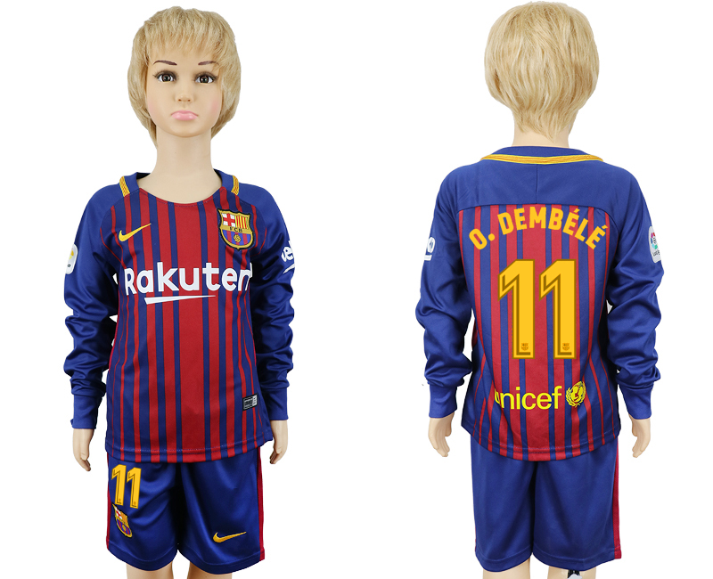 2017-18 Barcelona 11 O. DEMBELE Youth Home Long Sleeve Soccer Jersey