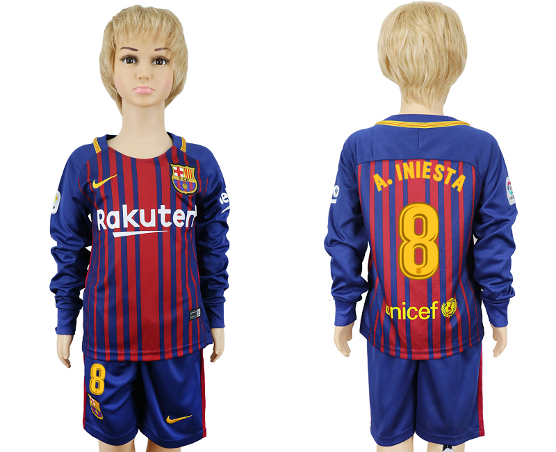 2017-18 Barcelona 4 A. INIESTA Youth Home Long Sleeve Soccer Jersey
