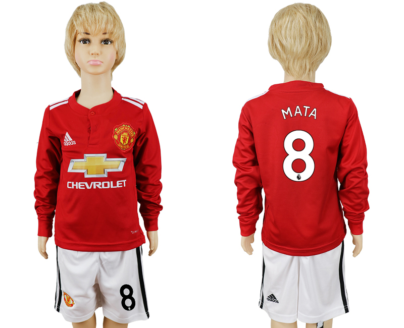 2017-18 Manchester United 8 MATA Home Youth Long Sleeve Soccer Jersey