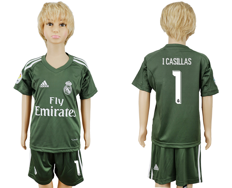 2017-18 Real Madrid 1 I CASILLAS Military Green Youth Goalkeeper Soccer Jersey