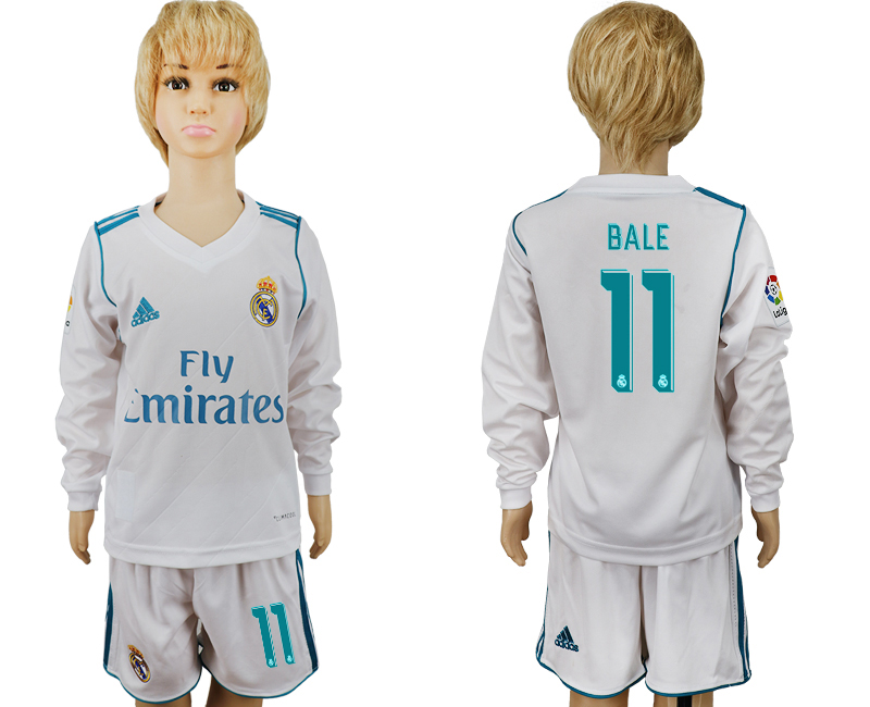 2017-18 Real Madrid 11 BALE Home Youth Long Sleeve Soccer Jersey