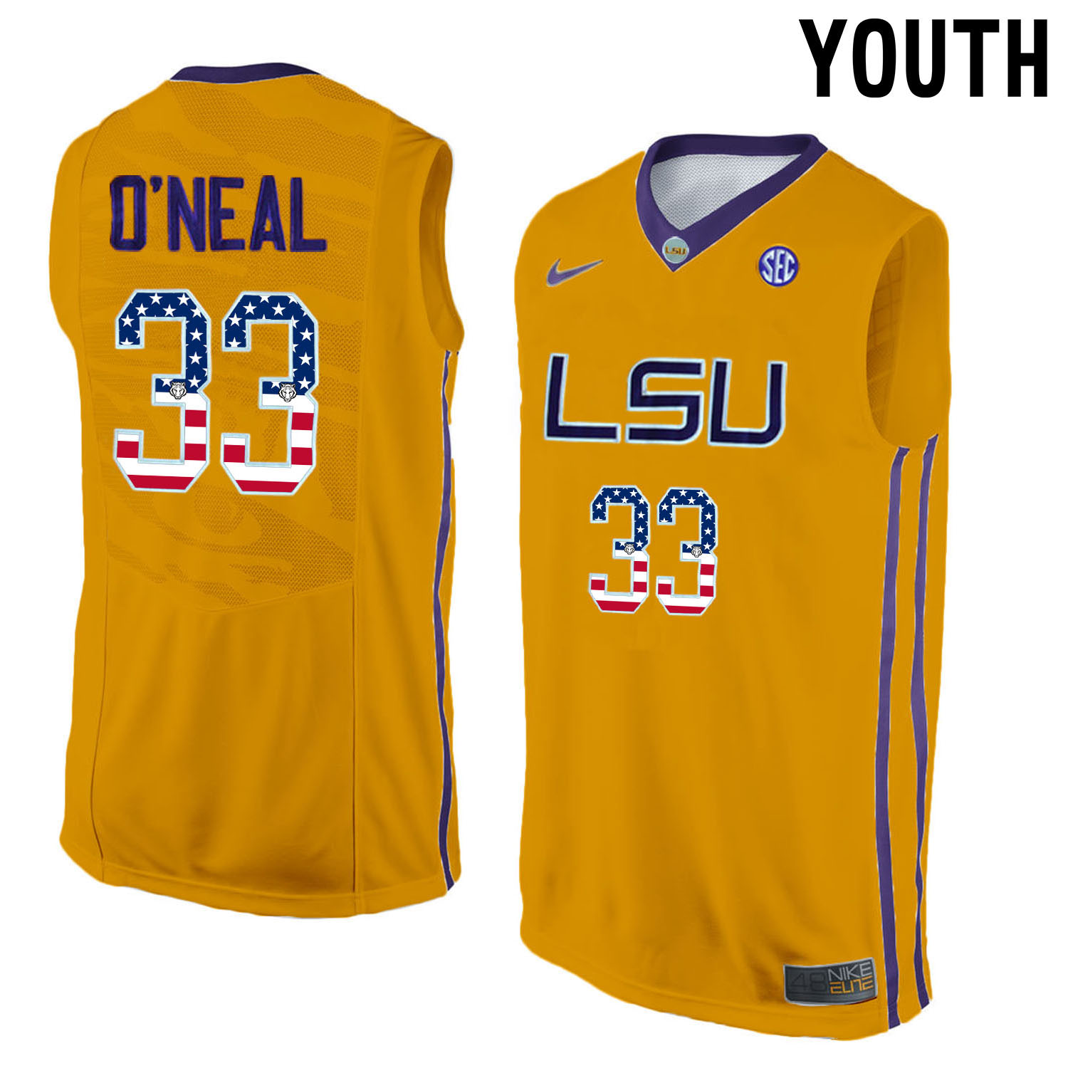 LSU Tigers 33 Shaquille O'Neal Gold Youth College Basketball Jersey