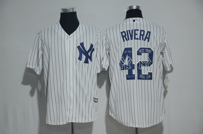 Yankees 42 Mariano Rivera White Team Logo Print Cool Base Jersey