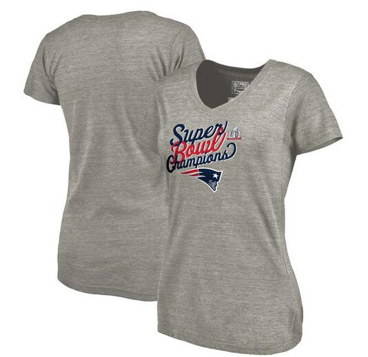New England Patriots Pro Line by Fanatics Branded Women's Super Bowl LI Champions Scripted V Neck T-Shirt Heathered Gray