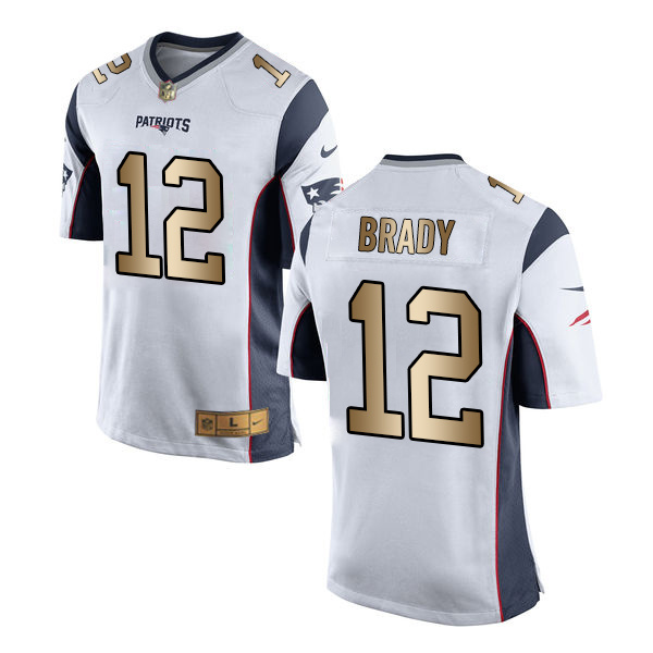 Nike Patriots 12 Tom Brady White Gold Game Jersey