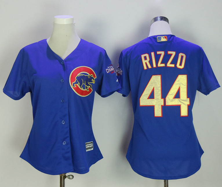 Cubs 44 Anthony Rizzo Blue Women World Series Champions Gold Program Cool Base Jersey