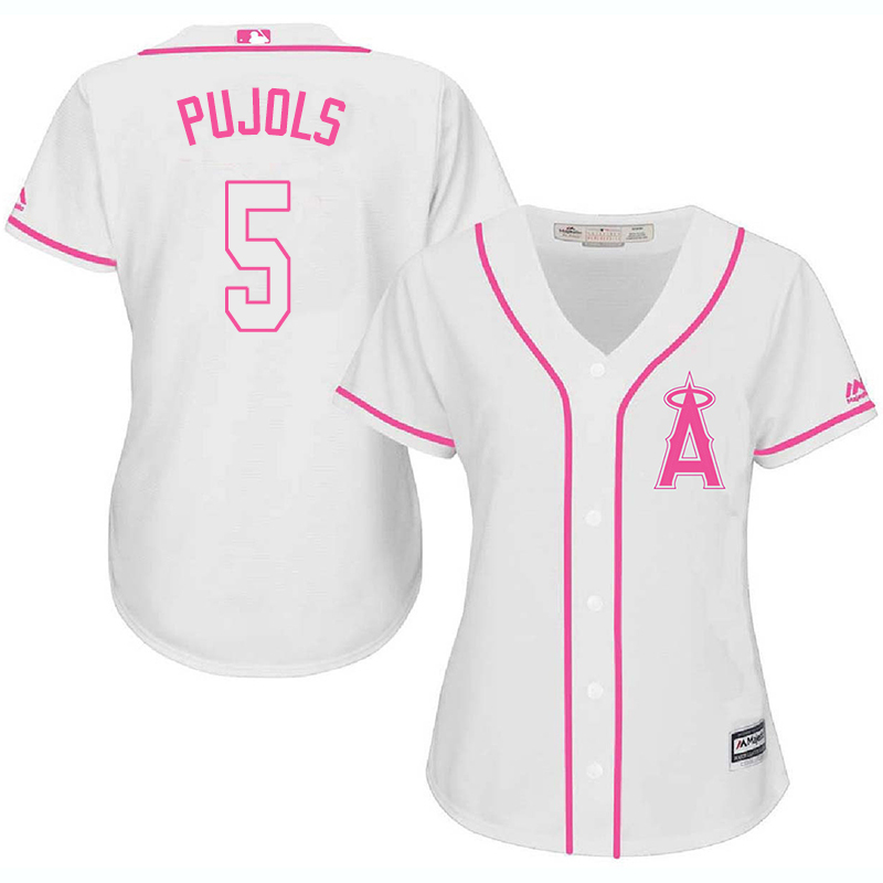 Angels 5 Albert Pujols White Pink Women Cool Base Jersey