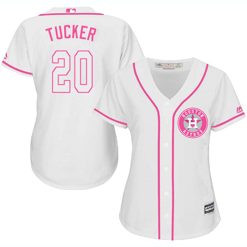 Astros 20 Preston Tucker White Pink Women Cool Base Jersey