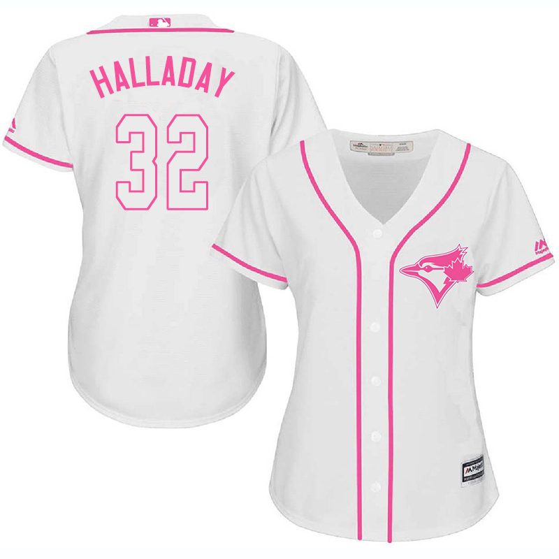 Blue Jays 32 Roy Halladay White Pink Women Cool Base Jersey