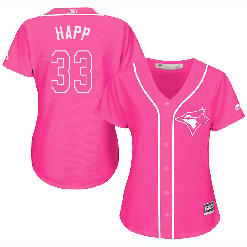 Blue Jays 33 J.A. Happ Pink Women Cool Base Jersey