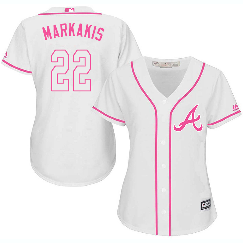 Braves 22 Nick Markakis White Pink Women Cool Base Jersey