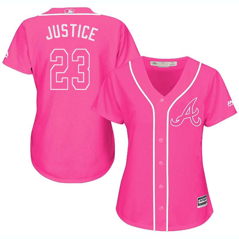 Braves 23 David Justice Pink Women Cool Base Jersey