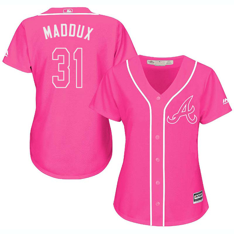 Braves 31 Greg Maddux Pink Women Cool Base Jersey