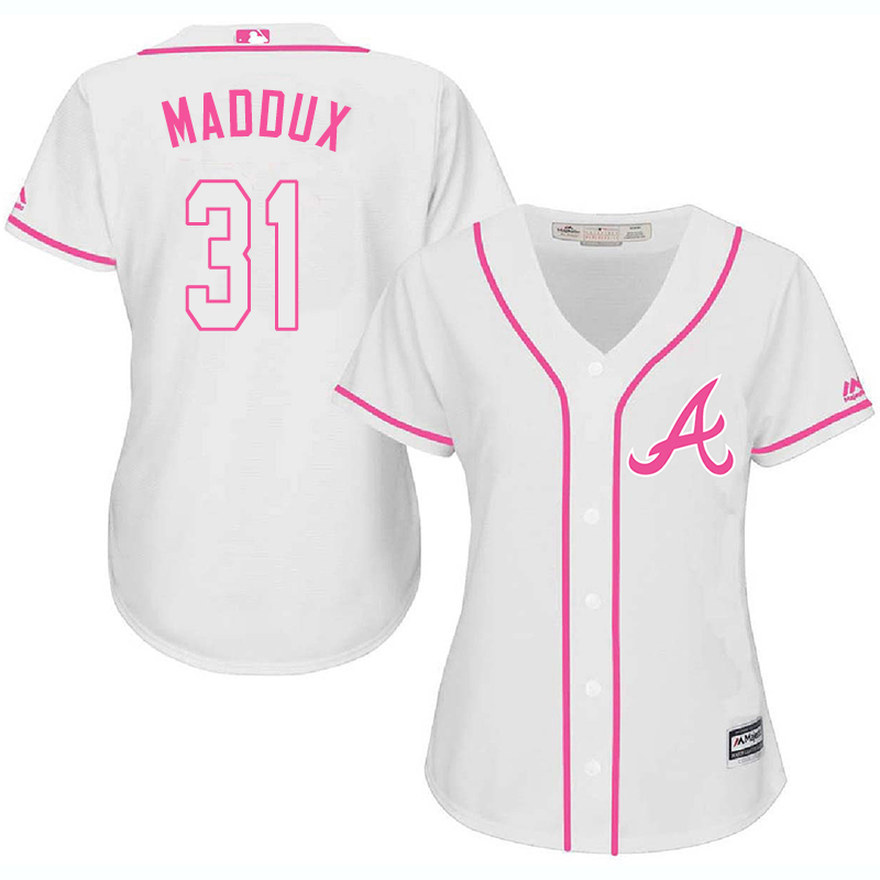 Braves 31 Greg Maddux White Pink Women Cool Base Jersey