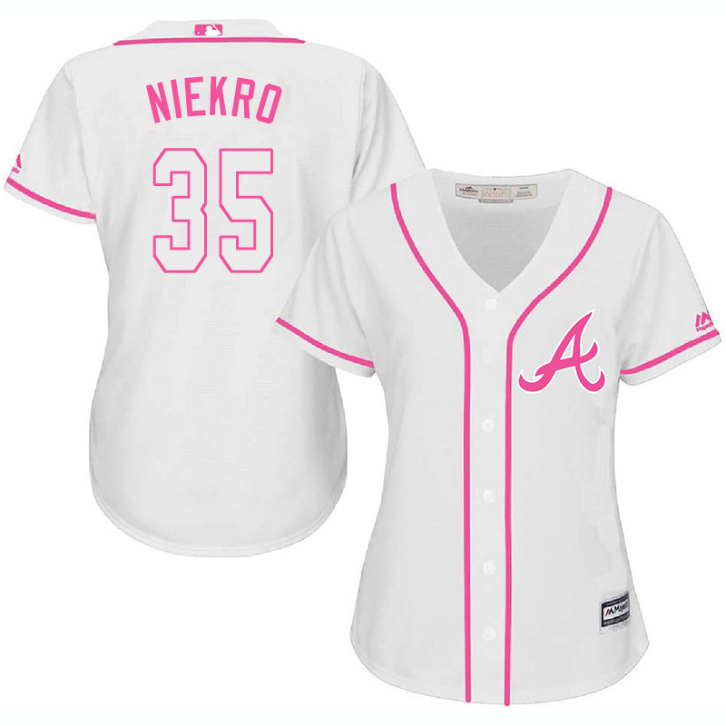 Braves 35 Phil Niekro White Pink Women Cool Base Jersey