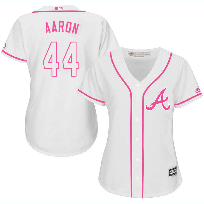 Braves 44 Hank Aaron White Pink Women Cool Base Jersey