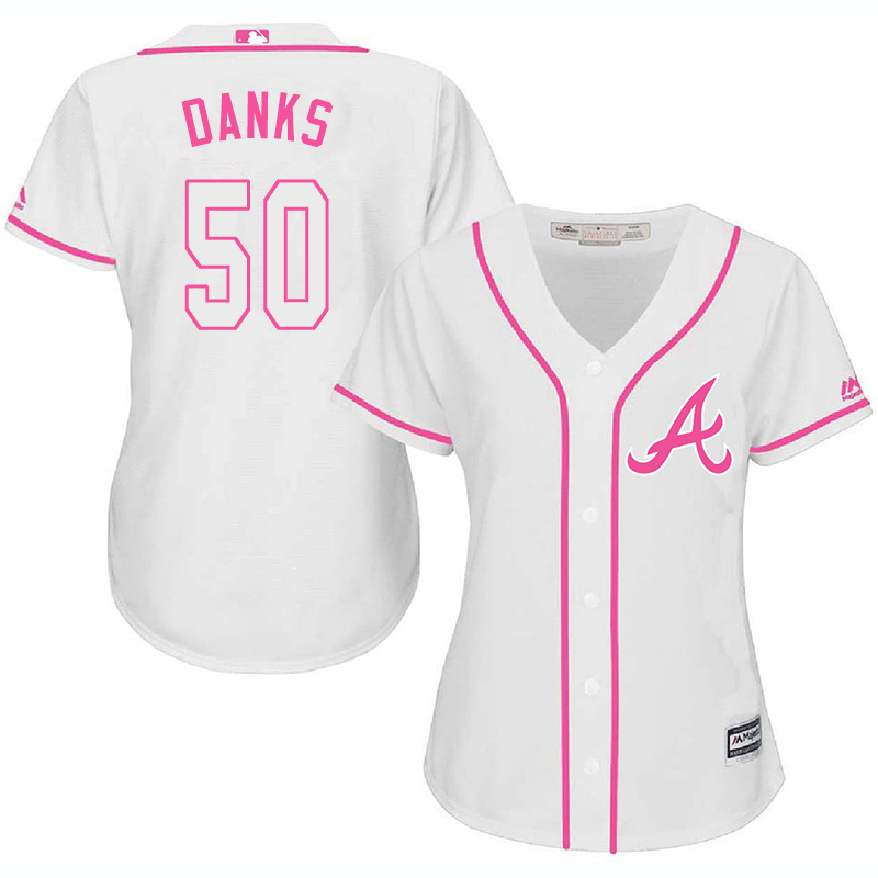 Braves 50 John Danks White Pink Women Cool Base Jersey