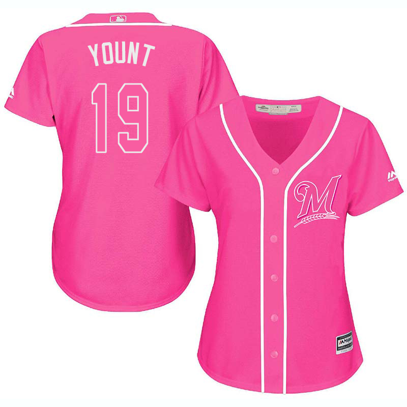 Brewers 19 Robin Yount Pink Women Cool Base Jersey
