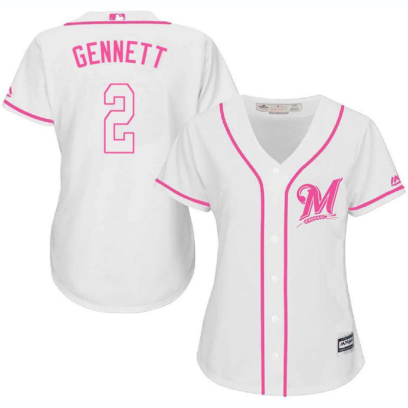Brewers 2 Scooter Gennett White Pink Women Cool Base Jersey