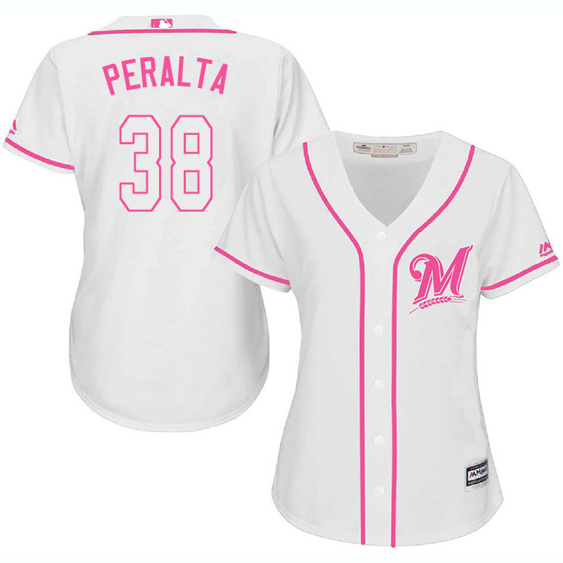 Brewers 38 Wily Peralta White Pink Women Cool Base Jersey