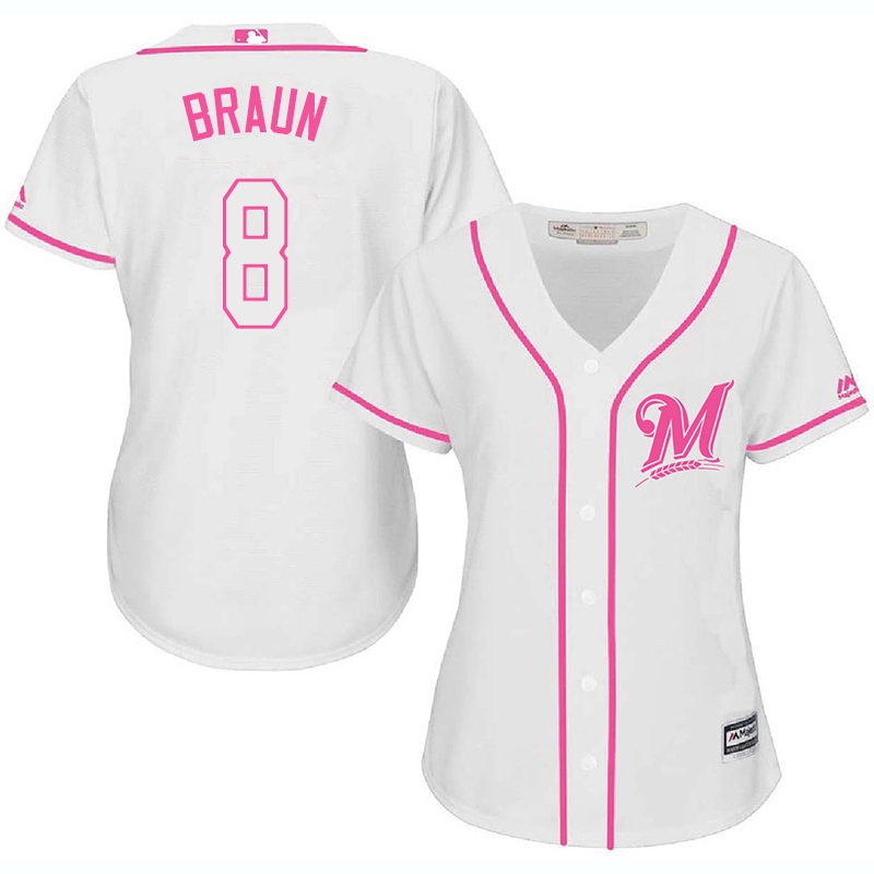 Brewers 8 Ryan Braun White Pink Women Cool Base Jersey