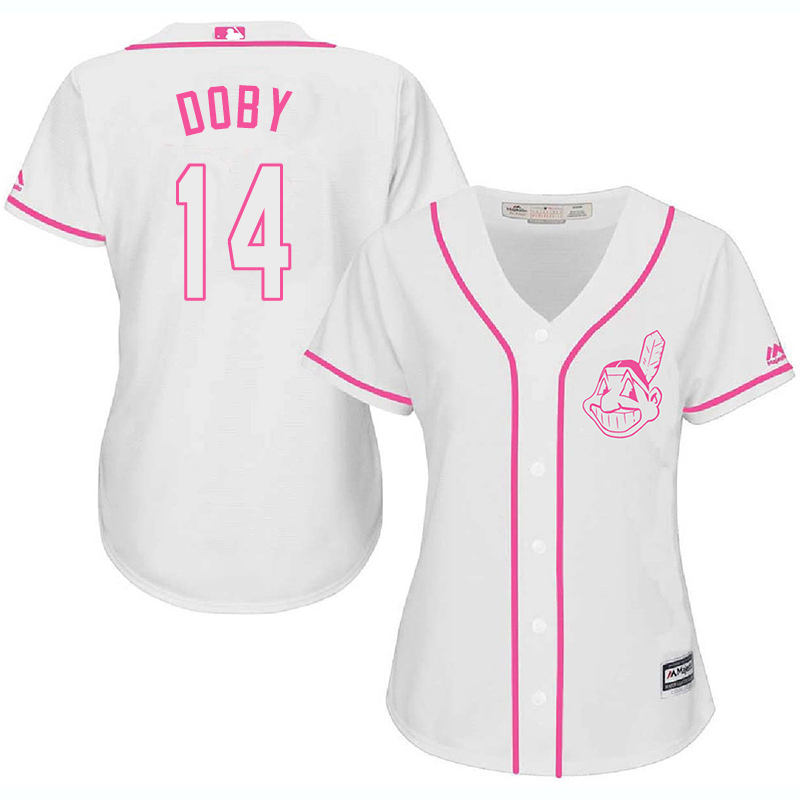 Indians 14 Larry Doby White Pink Women Cool Base Jersey